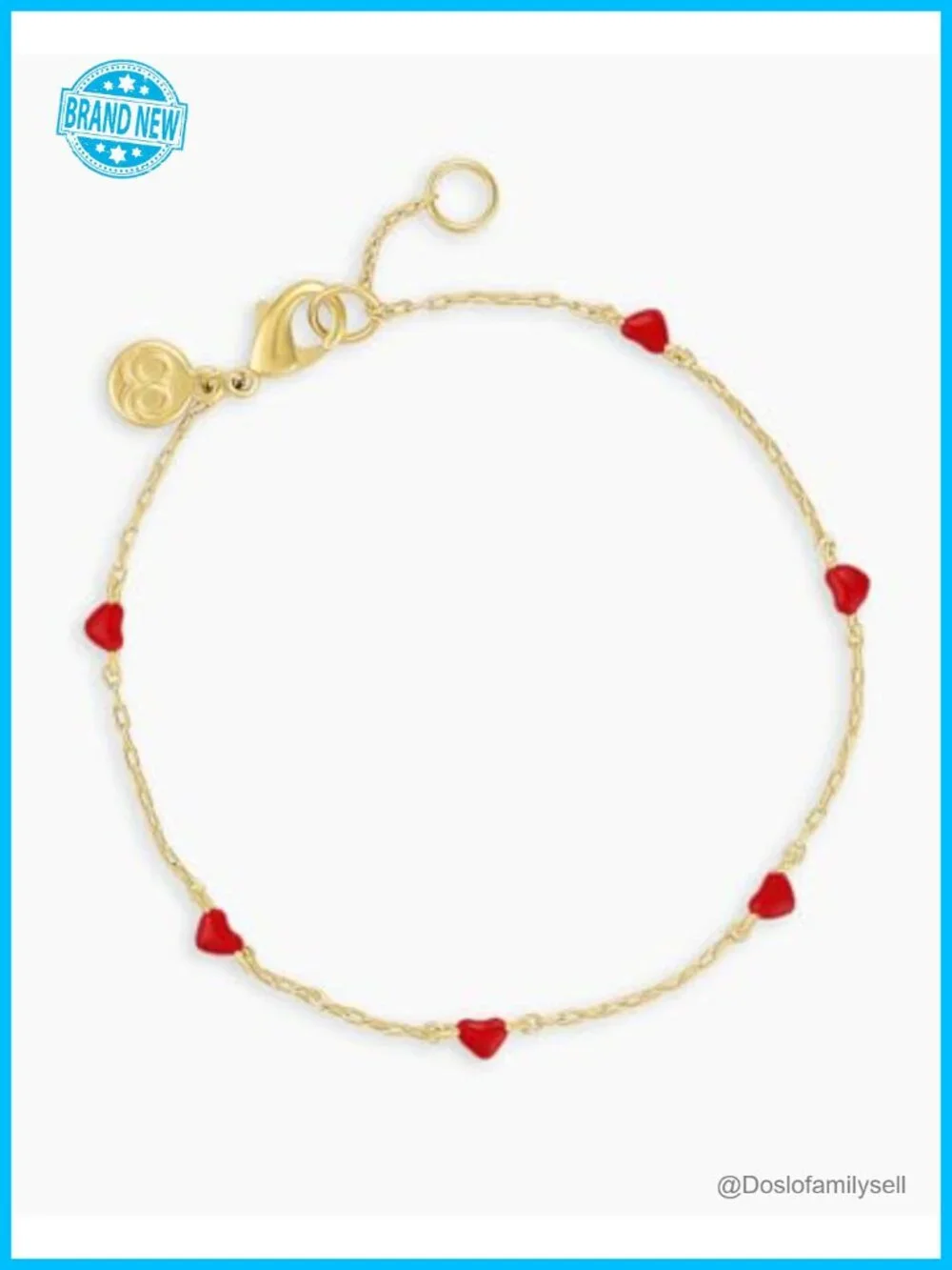 18k Gold Plated Brass Link Bracelet with Red Enamel Hearts - Adjustable 6.5-7